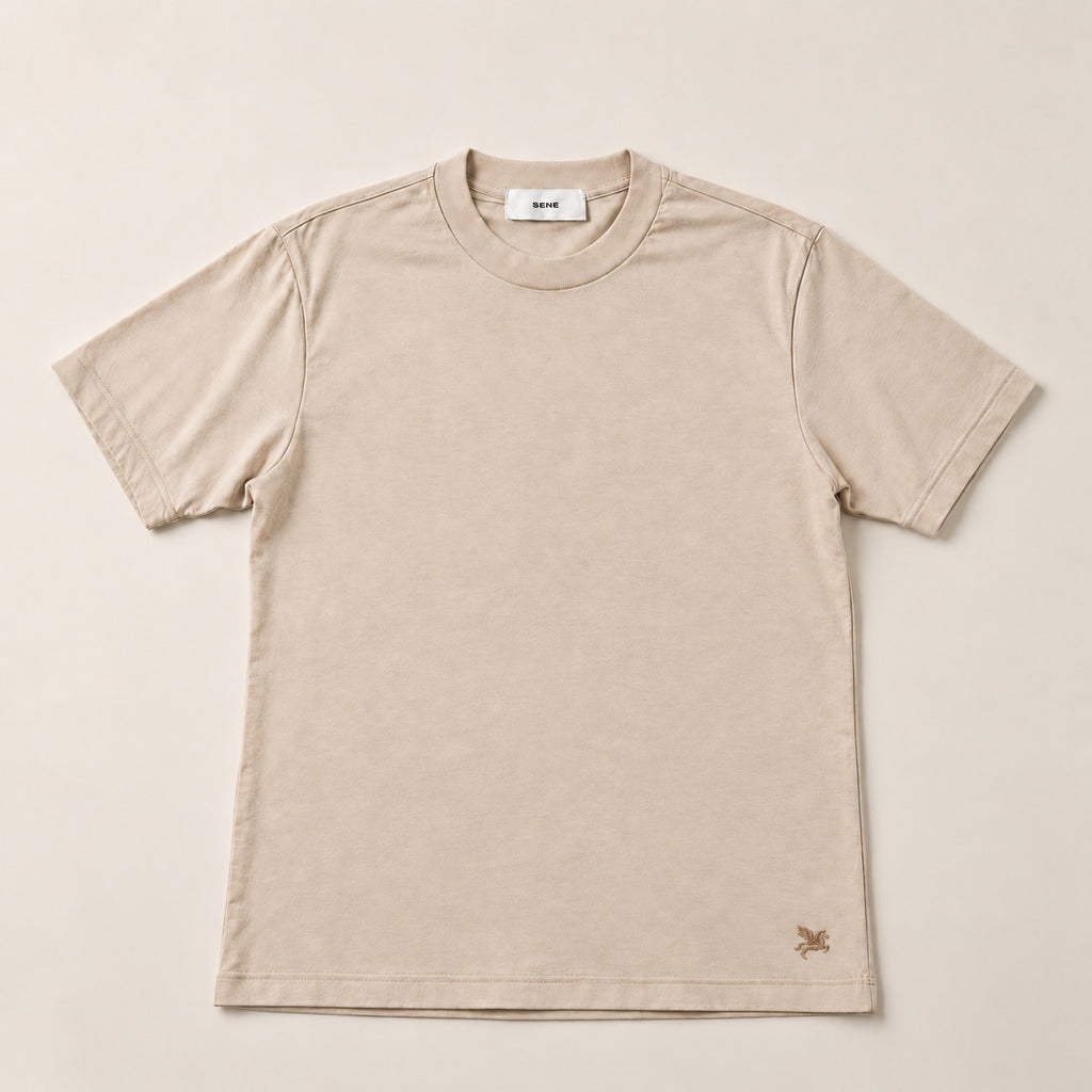 Pima Reserve Mock Neck T-Shirt model Guillermo in Beige