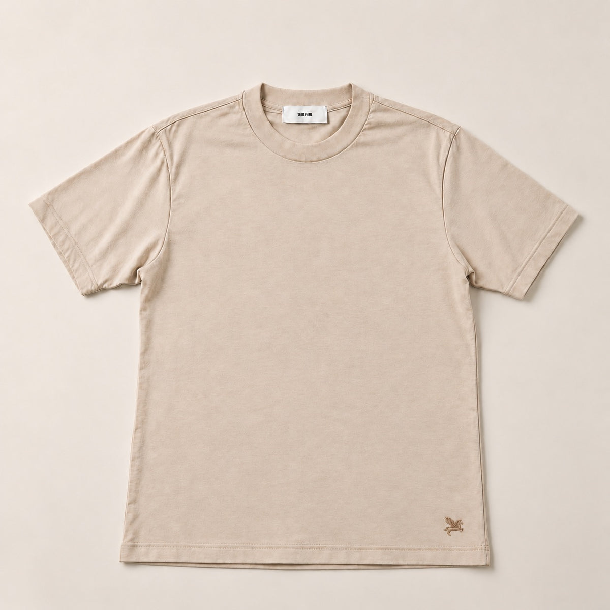 Pima Reserve Mock Neck T-Shirt model Guillermo in Beige