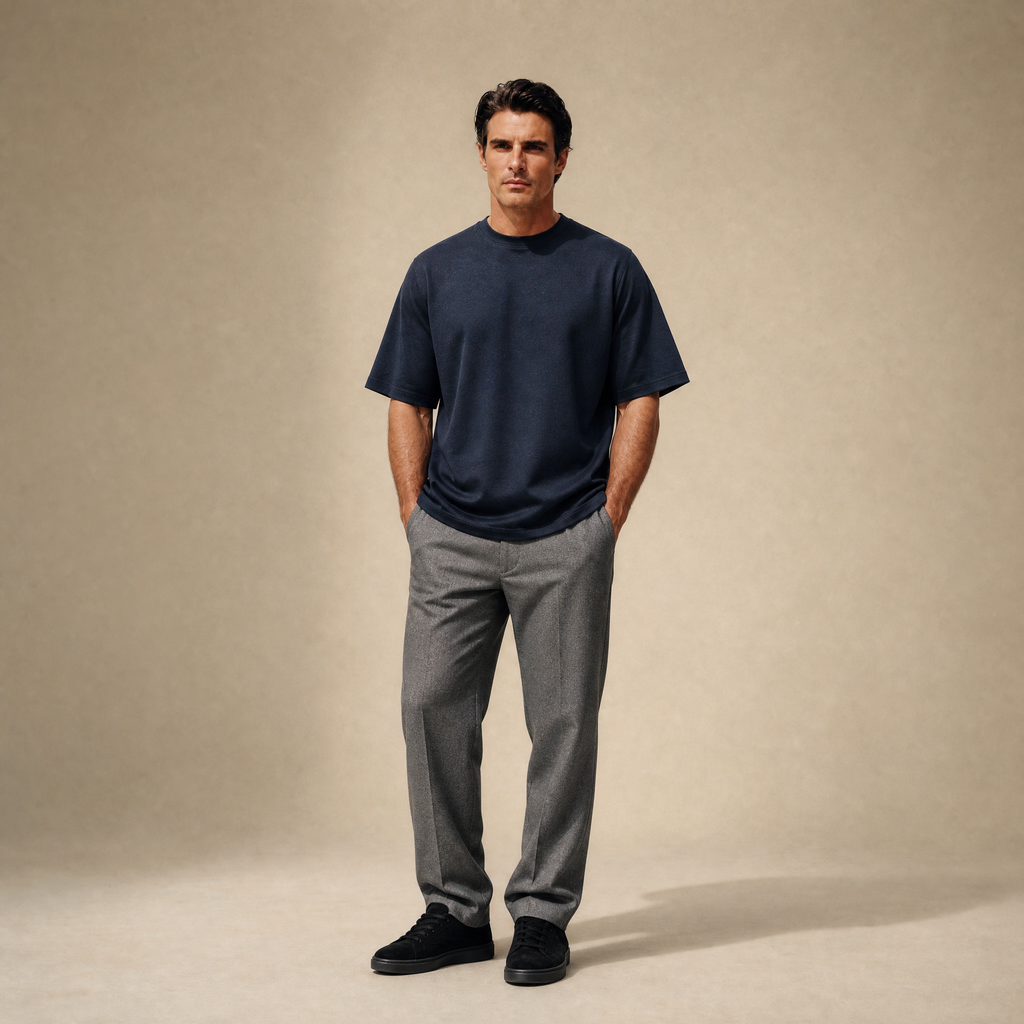 Merino Wool Oversized T-Shirt model Matteo in Dark Navy