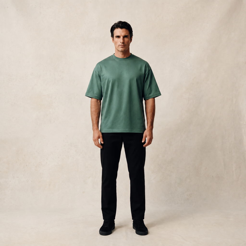 Pima Reserve Oversized T-Shirt model Matteo in Sea Moss