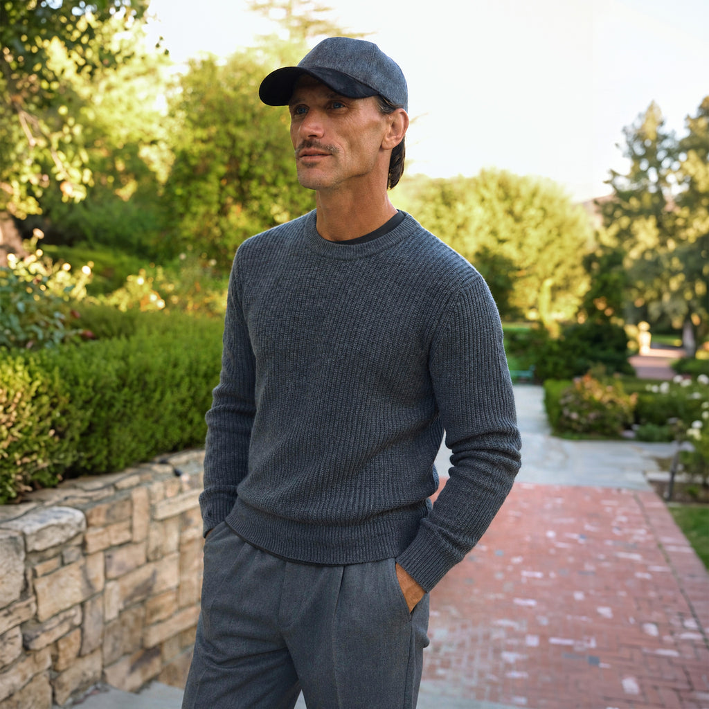 Knit Crewneck Sweater model Tyler in Graphite