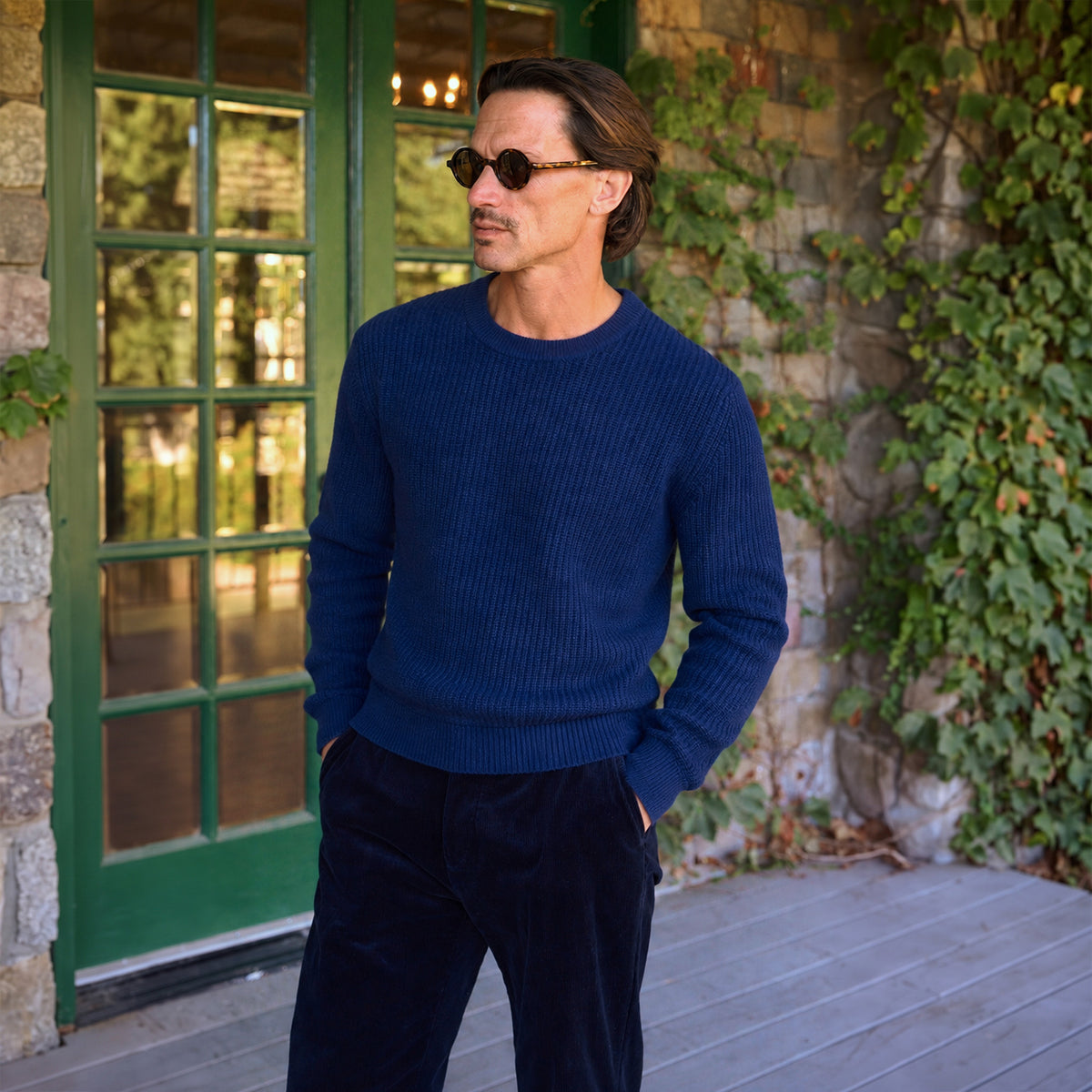 Knit Crewneck Sweater model Tyler in Ultramarine