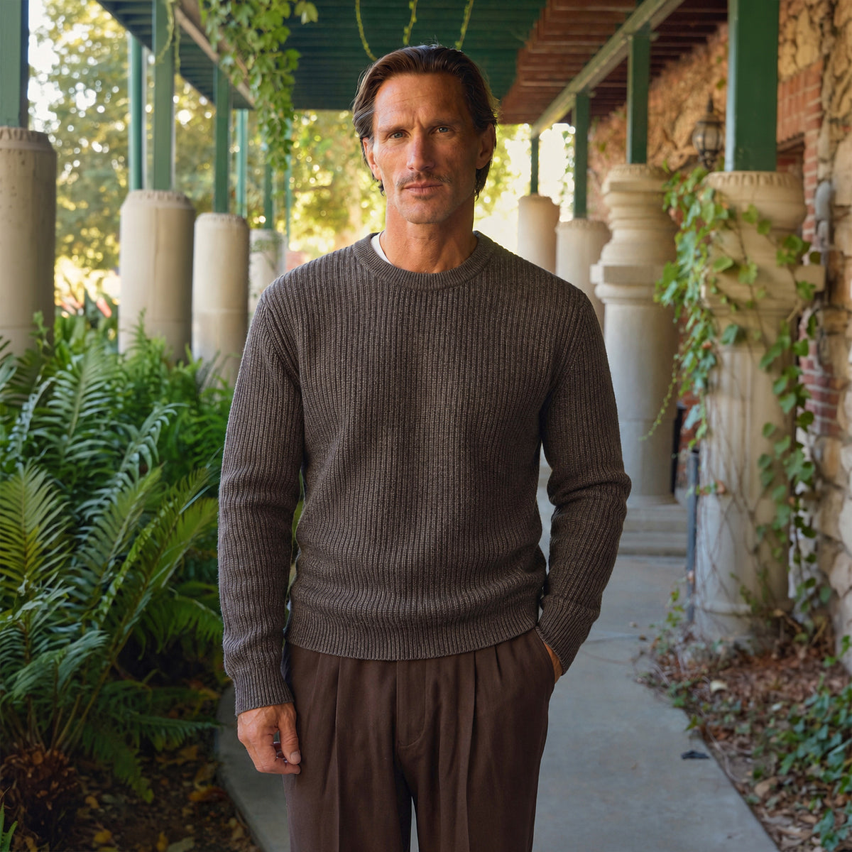 Knit Crewneck Sweater model Tyler in Fieldstone