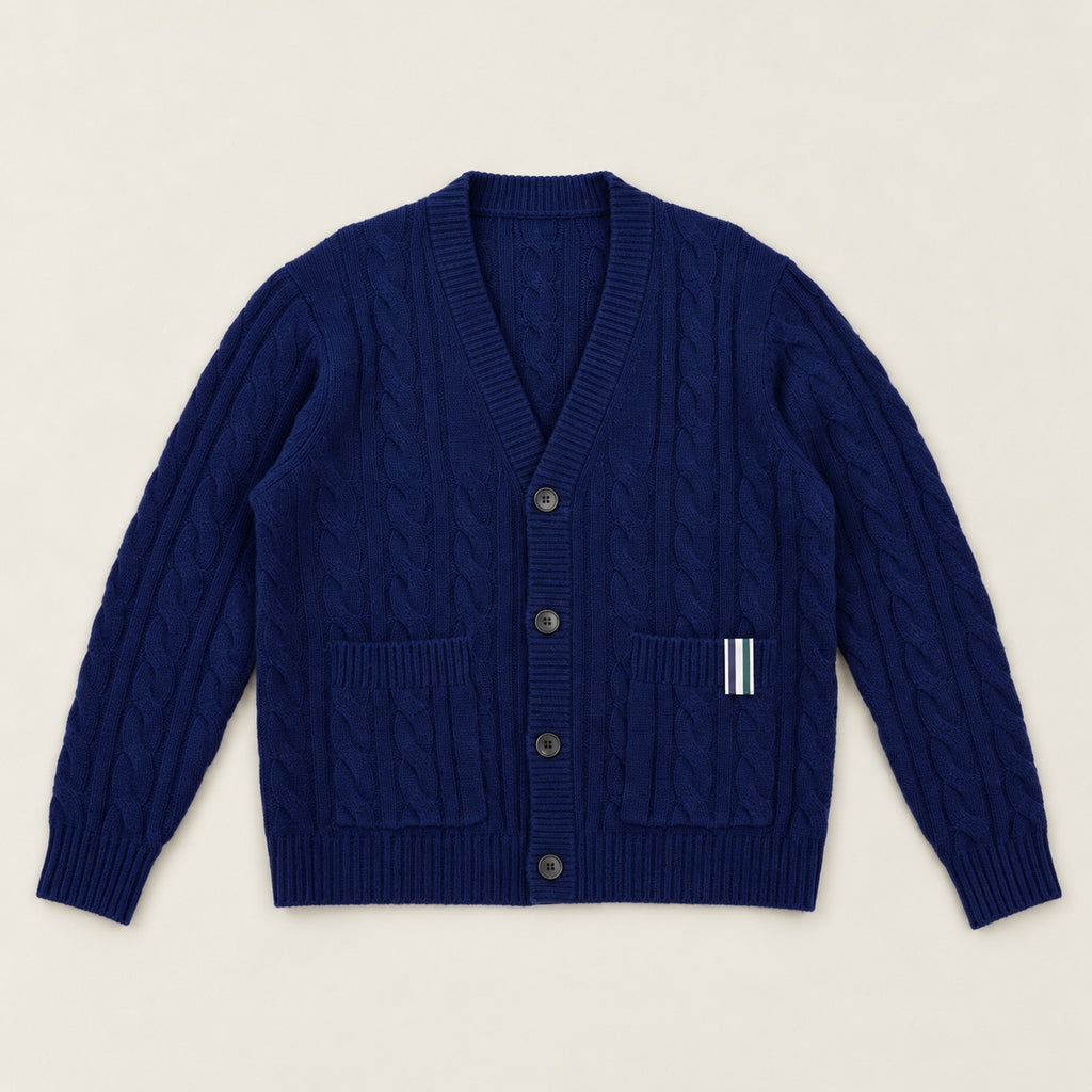 Cable Knit Wool Cardigan model Matteo in Regatta Blue