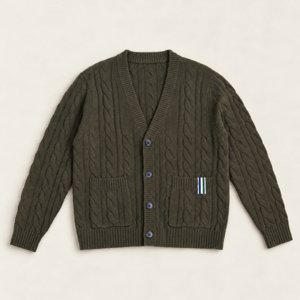 Cable Knit Wool Cardigan model Matteo in Olive