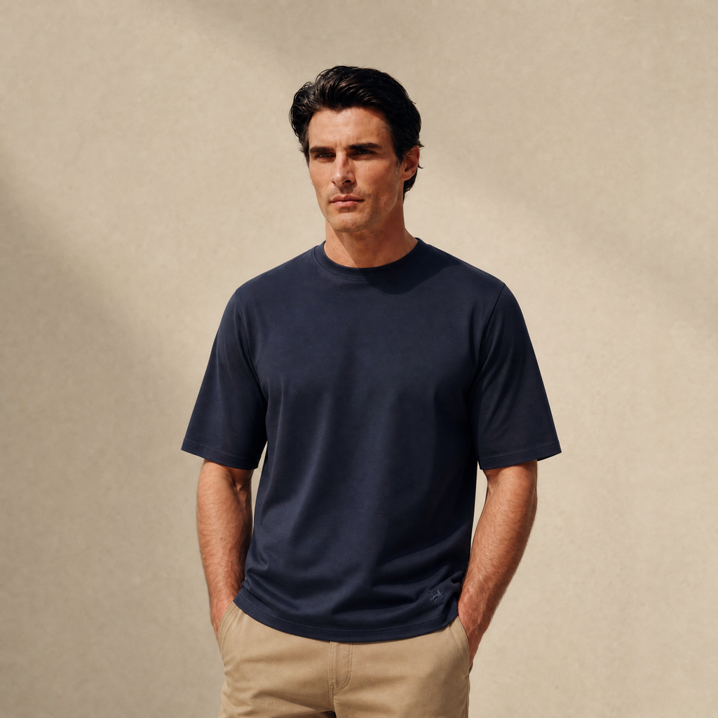 Pima Reserve Oversized T-Shirt model Matteo in Navy
