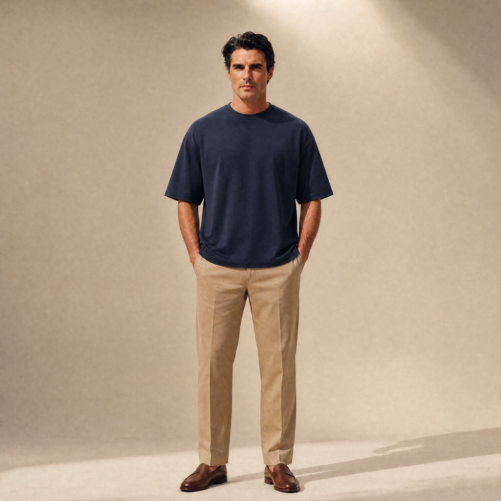 Pima Reserve Oversized T-Shirt model Matteo in Navy