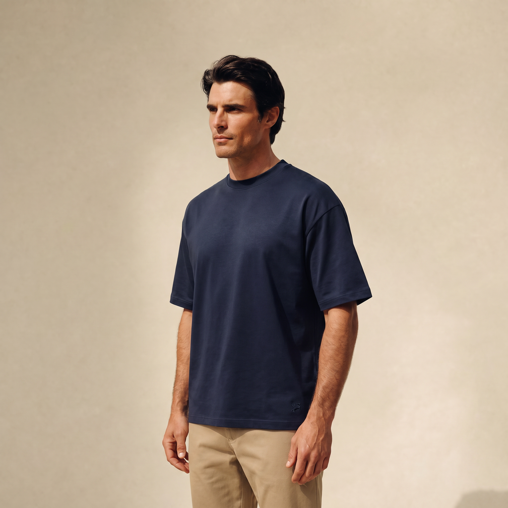 Pima Reserve Oversized T-Shirt model Matteo in Navy