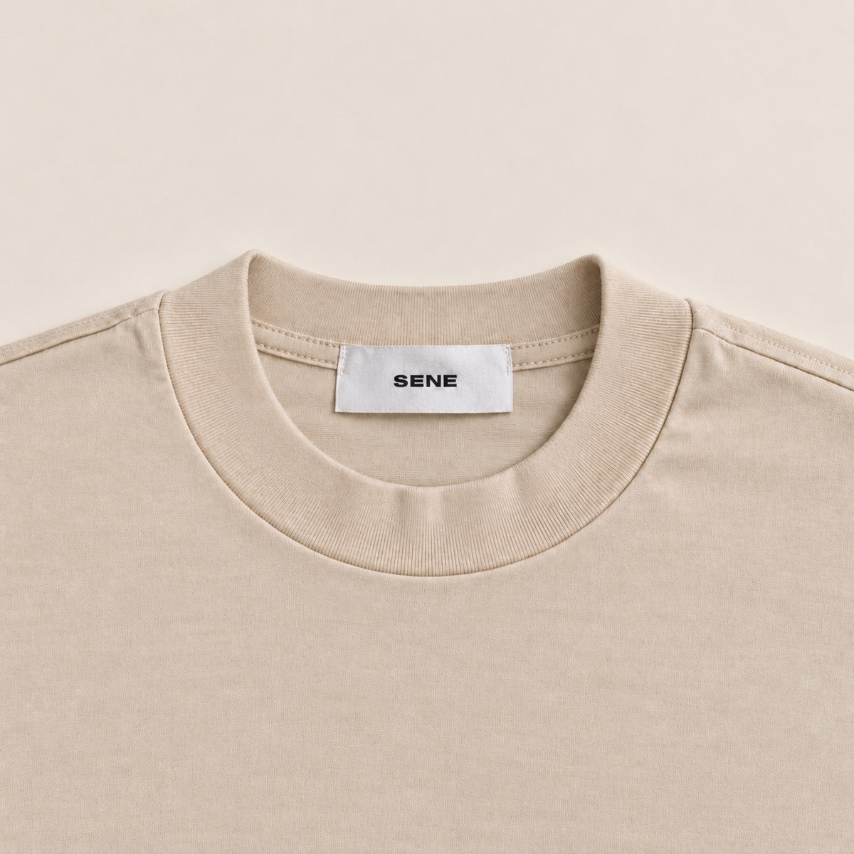 Pima Reserve Mock Neck T-Shirt model Guillermo in Beige