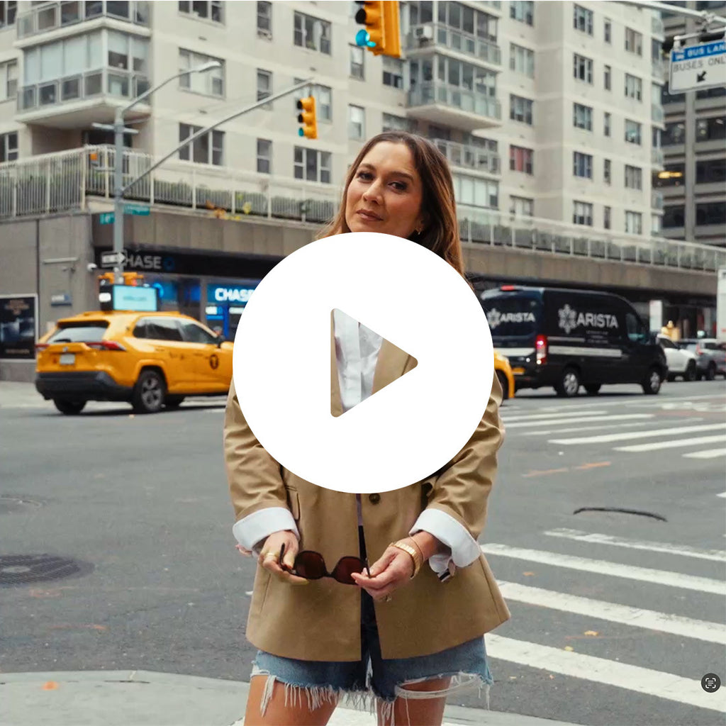 emma lovewell x sene peloton instructor model emma wearing flextech blazer in sand