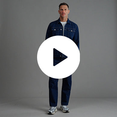 Tags:(6'0" - 180 lbs|Tailored) men's custom denim jacket model Tyler in Deep Indigo