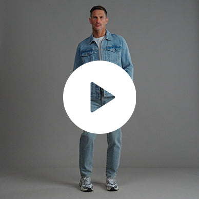 Tags:(6'0" - 180 lbs|Tailored) men's custom denim jacket model Tyler in Sandblast