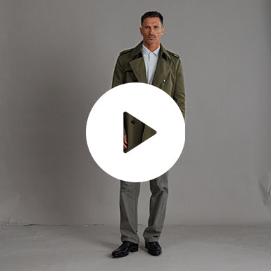 Tags:(6'0"|180 lbs) Bespoke custom Trench Coat los angeles model Tyler in Field Green