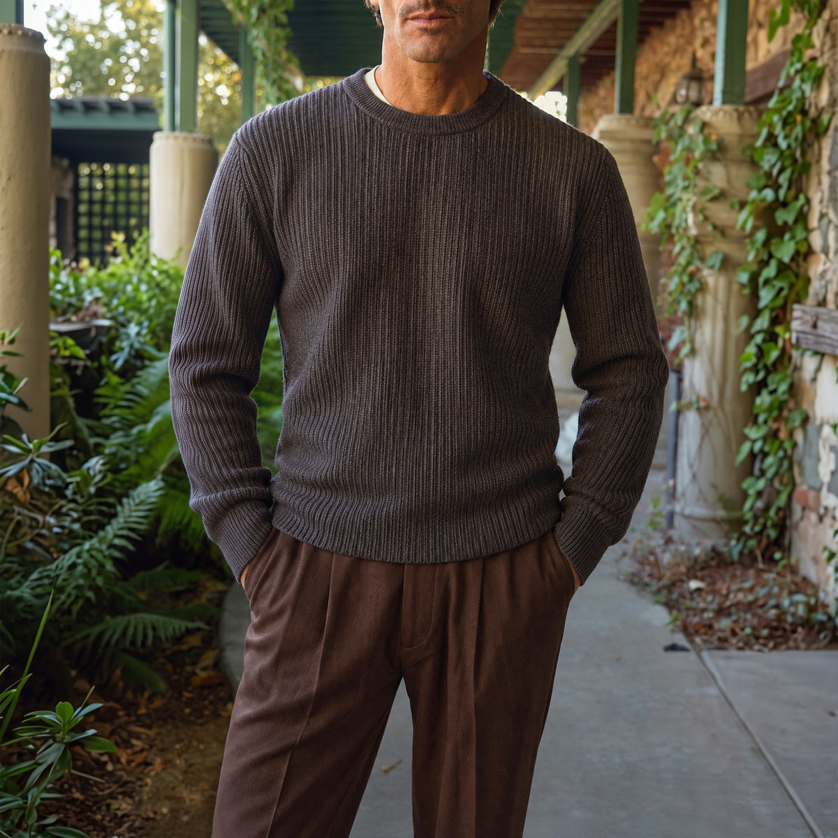 Knit Crewneck Sweater model Tyler in Fieldstone