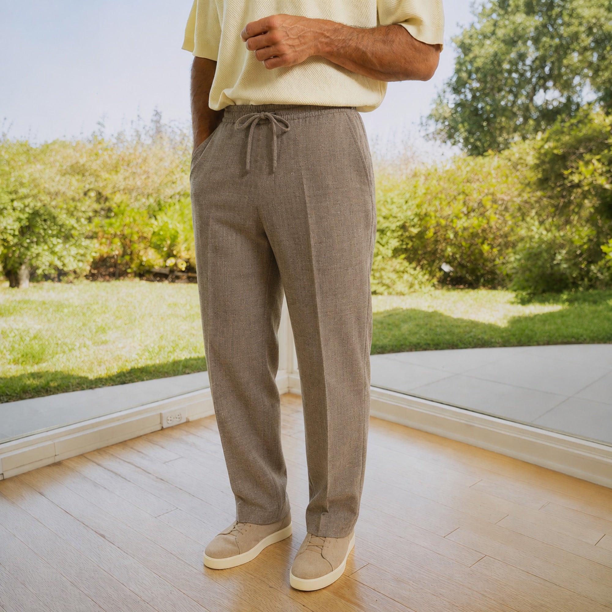 drawstring wool line silk trousers model Matteo in Sage Brush