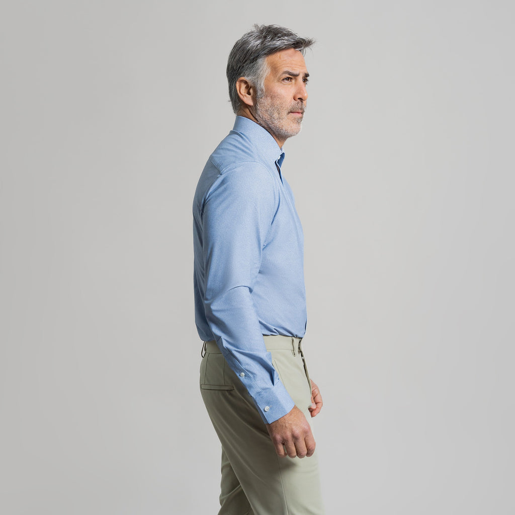 Custom Bespoke Tailored Spread Shirt model Guillermo in Light Blue Twill BreezeTech