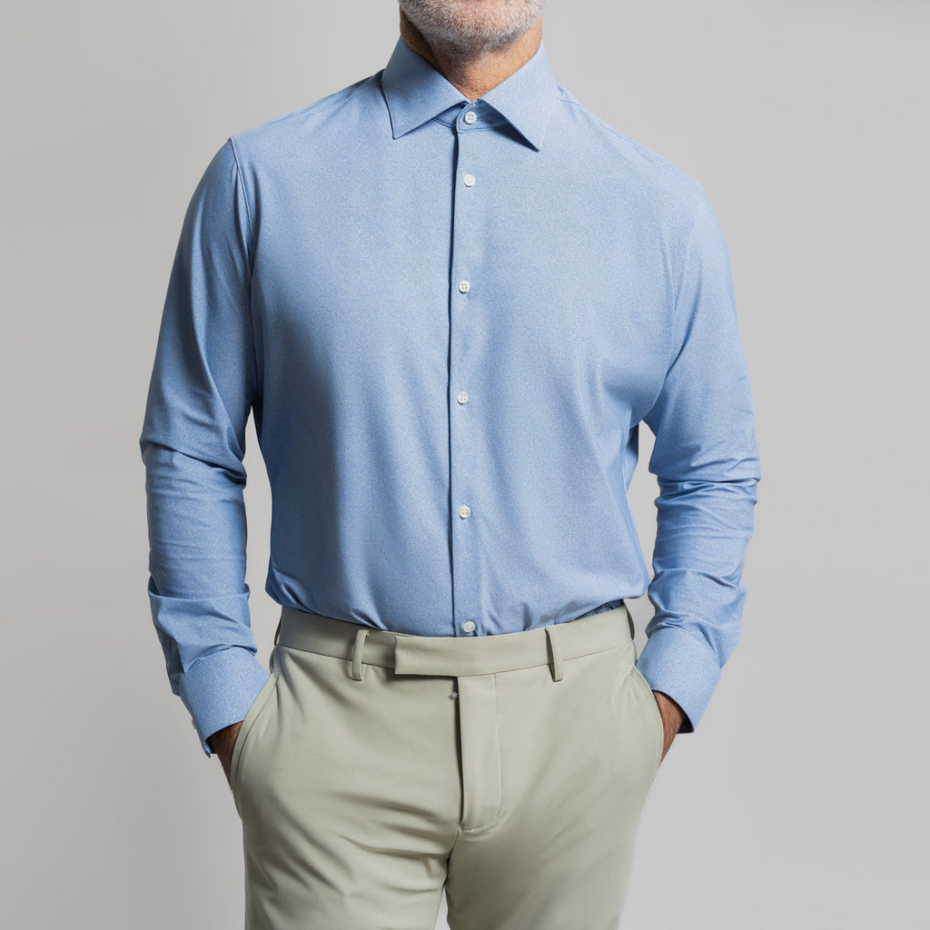 Custom Bespoke Tailored Spread Shirt model Guillermo in Light Blue Twill BreezeTech