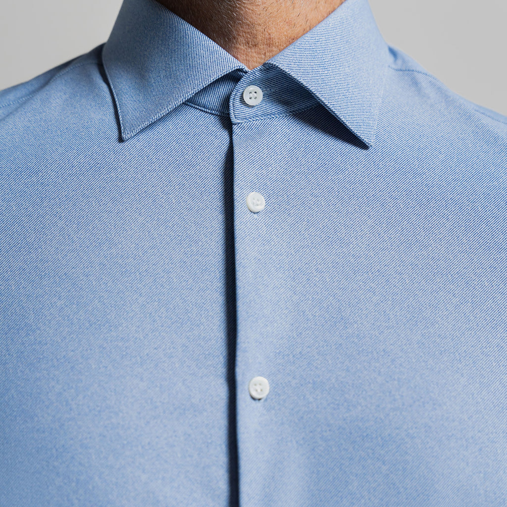 Custom Bespoke Tailored Spread Shirt model Guillermo in Light Blue Twill BreezeTech
