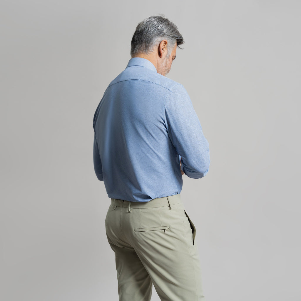 Custom Bespoke Tailored Spread Shirt model Guillermo in Light Blue Twill BreezeTech