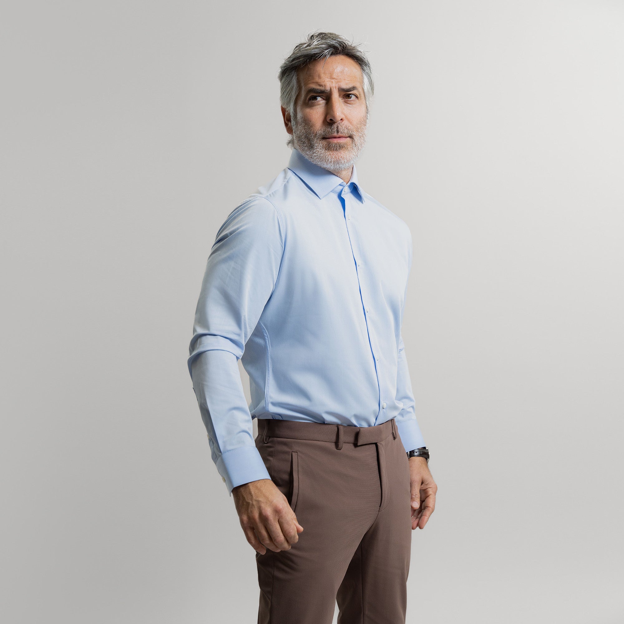 Custom Bespoke Tailored Spread Shirt model Guillermo in Light Blue BreezeTech 