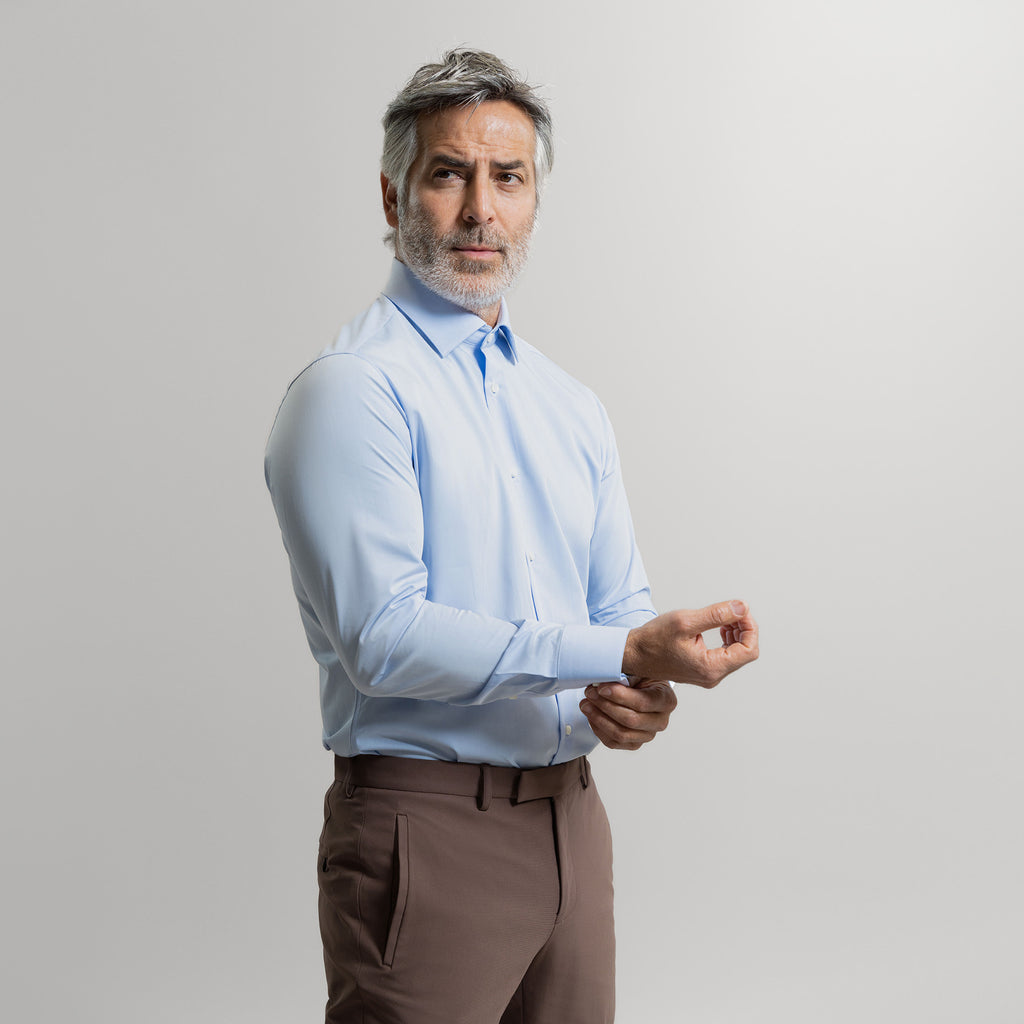 Custom Bespoke Tailored Spread Shirt model Guillermo in Light Blue BreezeTech 