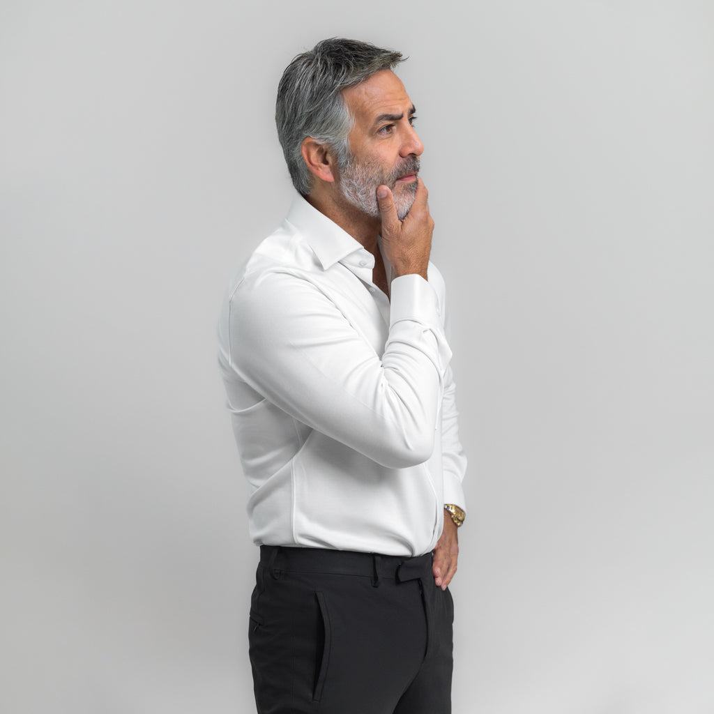 Custom Bespoke Tailored Spread Shirt model Guillermo in White PureTech
