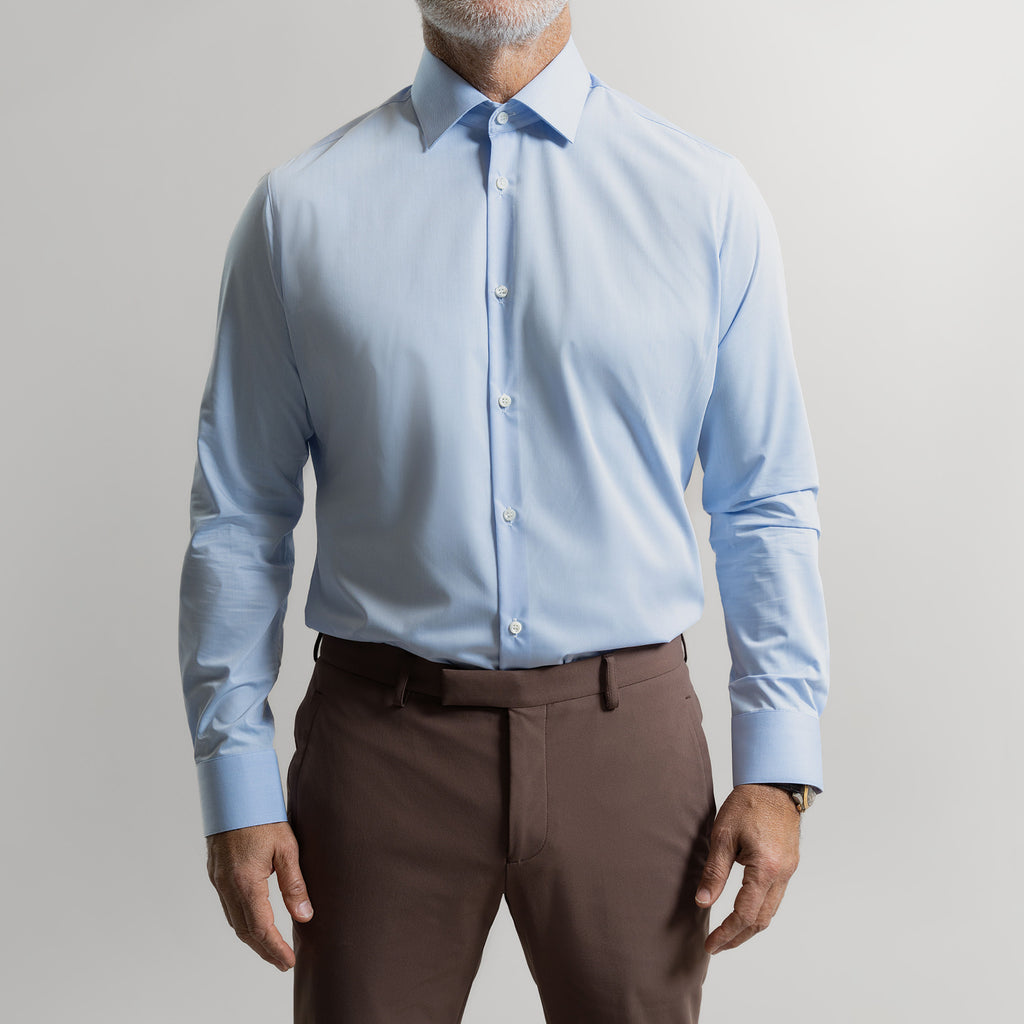 Custom Bespoke Tailored Spread Shirt model Guillermo in Light Blue BreezeTech 