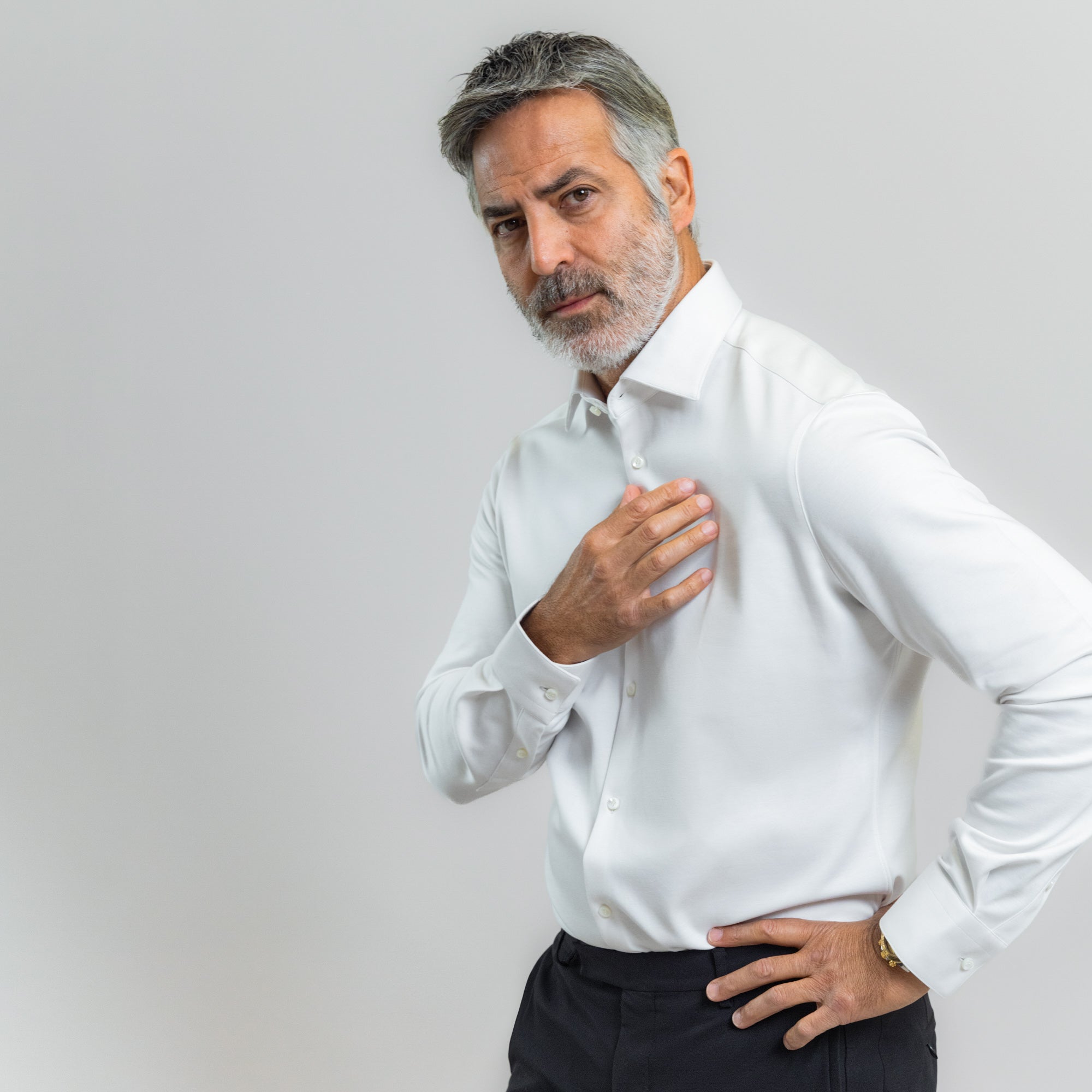 Tags:(Heavyweight|Wrinkle-Free|Stretch Cotton) Custom Bespoke Tailored Spread Shirt model Guillermo in White PureTech