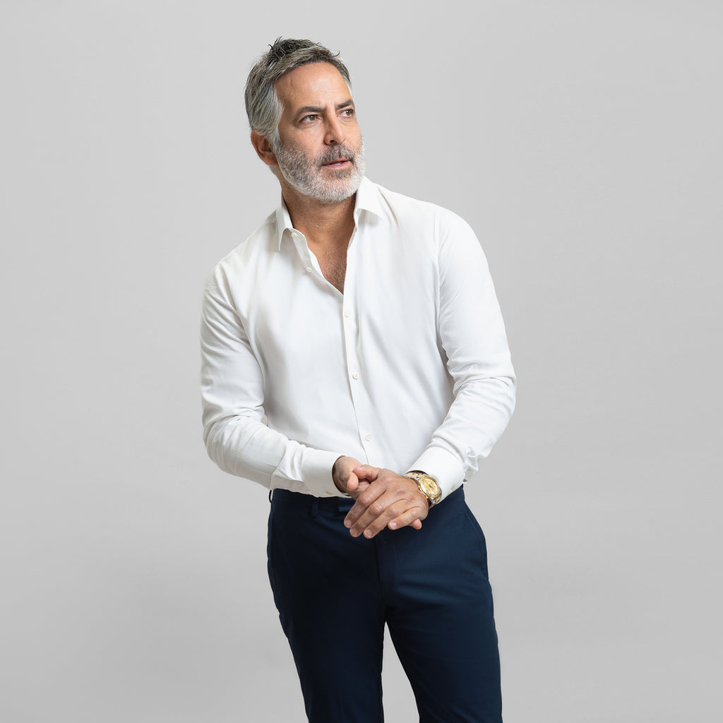 Custom Bespoke Tailored Spread Shirt model Guillermo in White BreezeTech