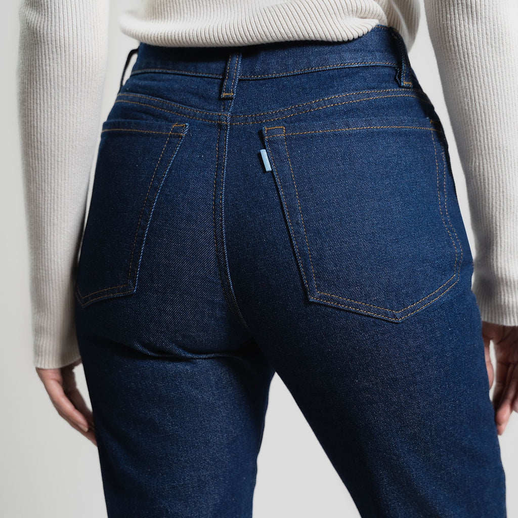 Tags:(5'8"|0-2) True vintage mom jeans custom sizeless tailored model Moe in Deep Indigo