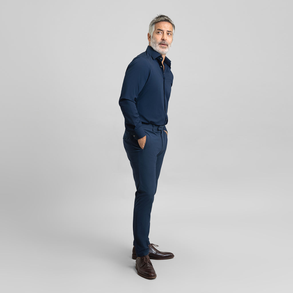 Custom Bespoke Tailored Spread Shirt model Guillermo in Navy BreezeTech