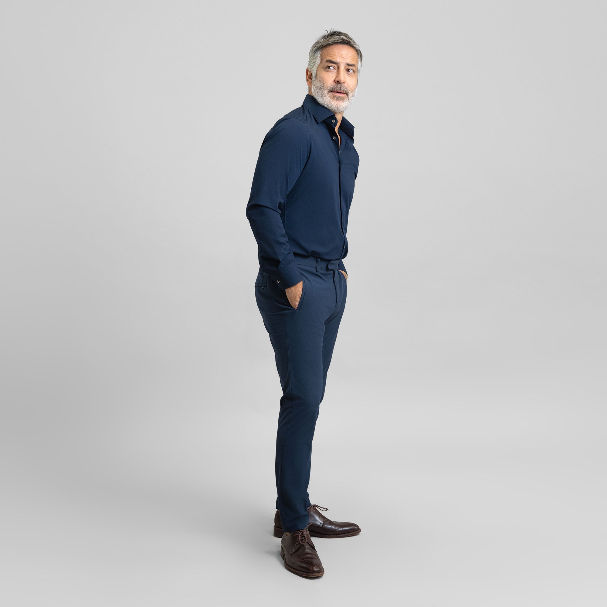 Custom Bespoke Tailored Spread Shirt model Guillermo in Navy BreezeTech