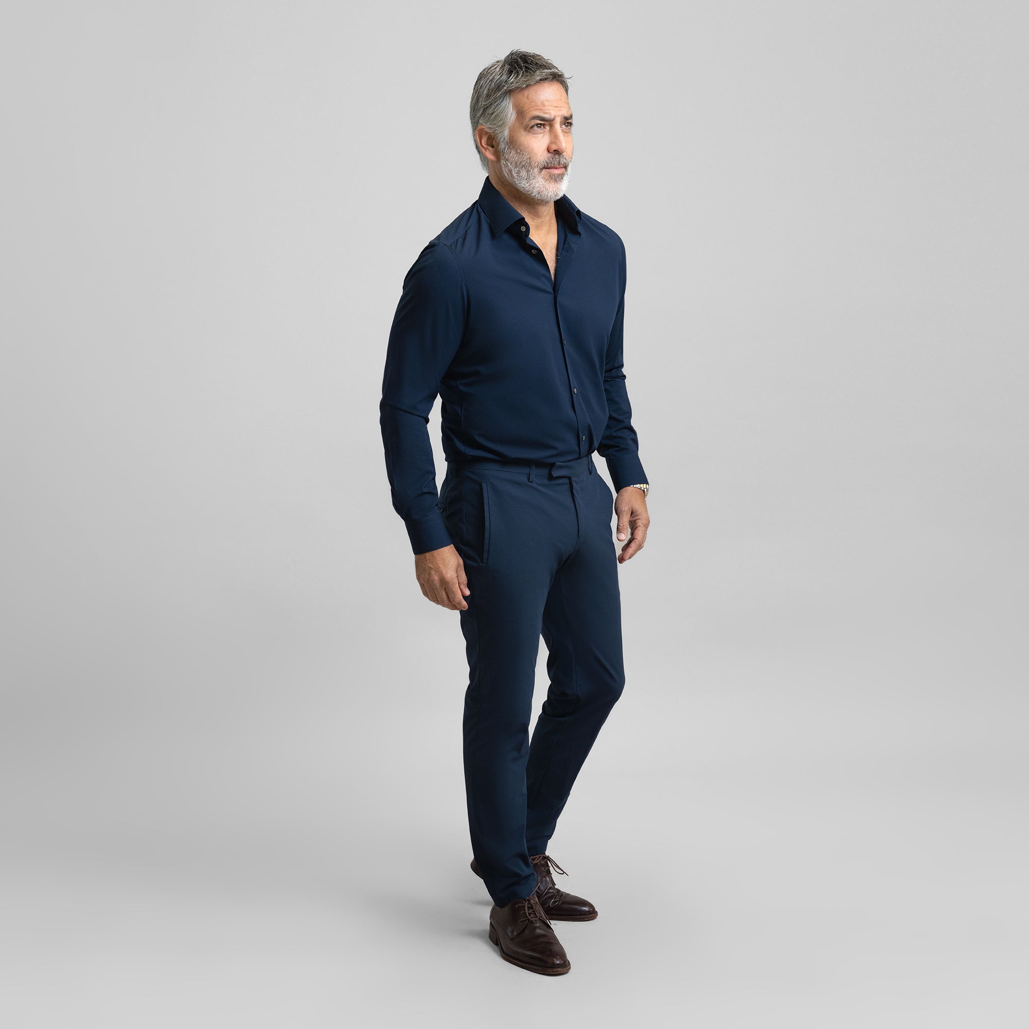 Custom Bespoke Tailored Spread Shirt model Guillermo in Navy BreezeTech