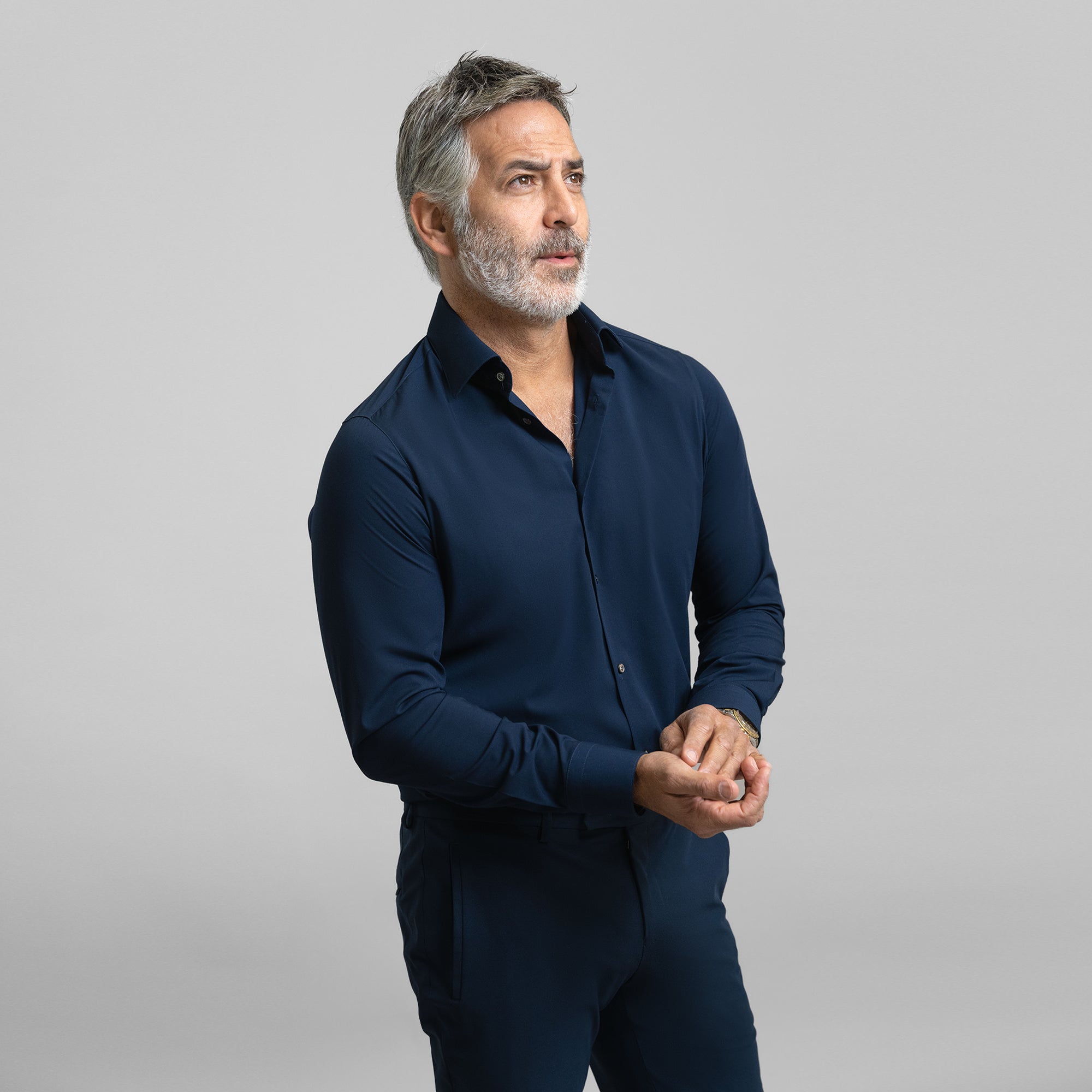 Custom Bespoke Tailored Spread Shirt model Guillermo in Navy BreezeTech