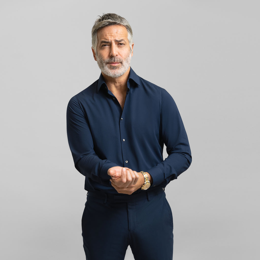 Custom Bespoke Tailored Spread Shirt model Guillermo in Navy BreezeTech