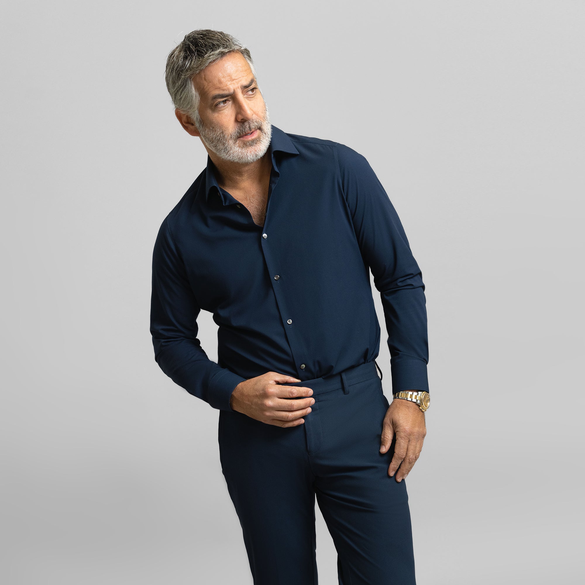 Custom Bespoke Tailored Spread Shirt model Guillermo in Navy BreezeTech