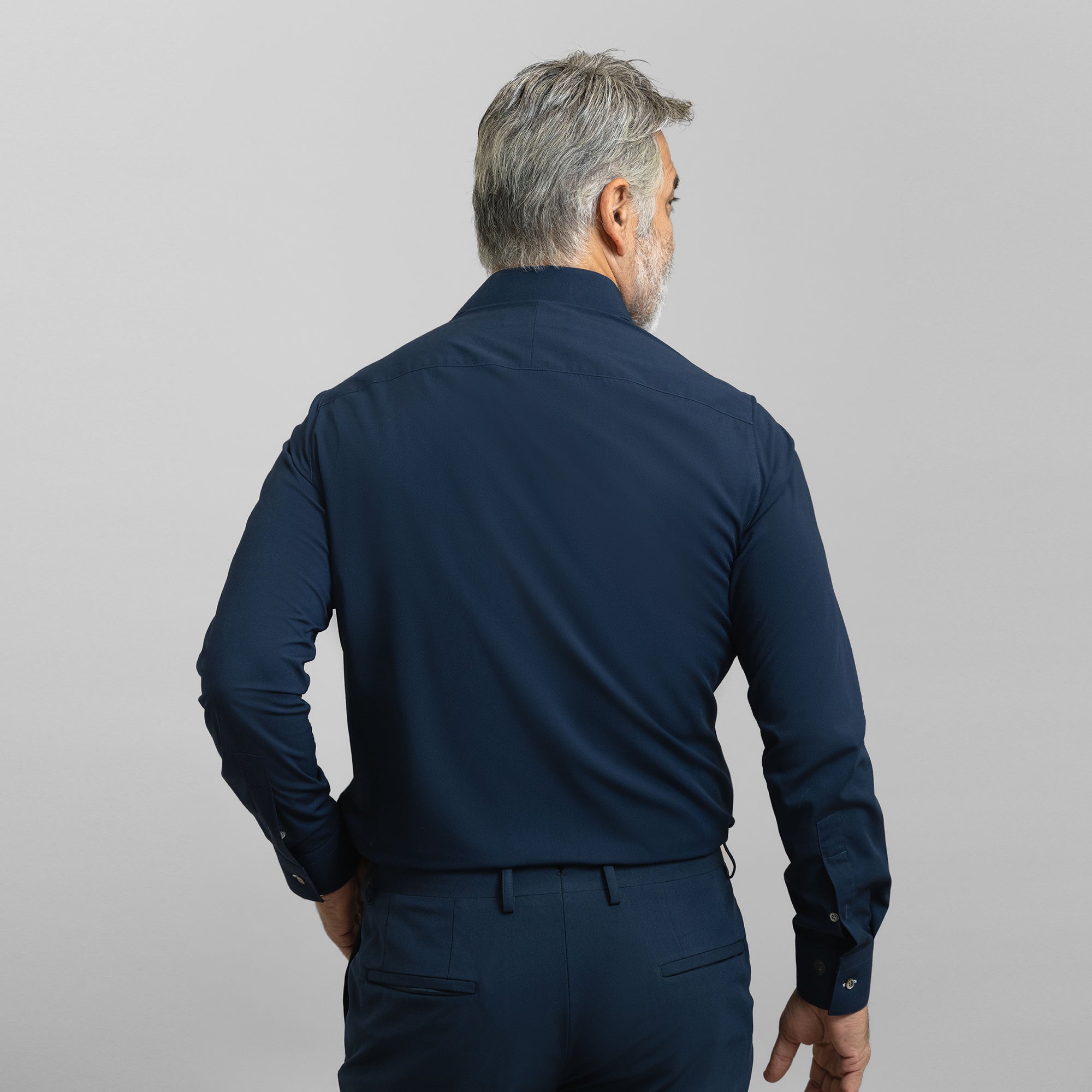 Custom Bespoke Tailored Spread Shirt model Guillermo in Navy BreezeTech