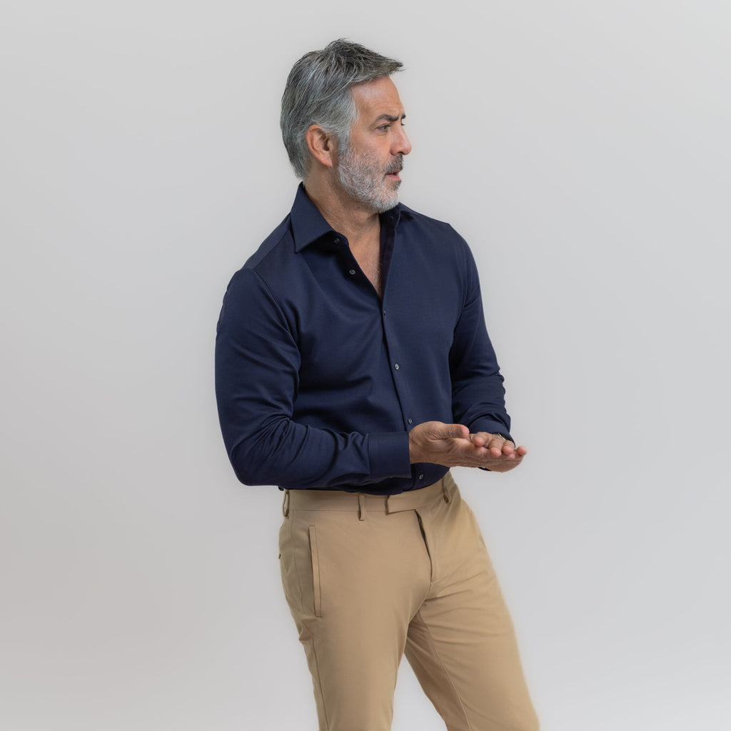 Custom Bespoke Tailored Spread Shirt model Guillermo in Navy PureTech