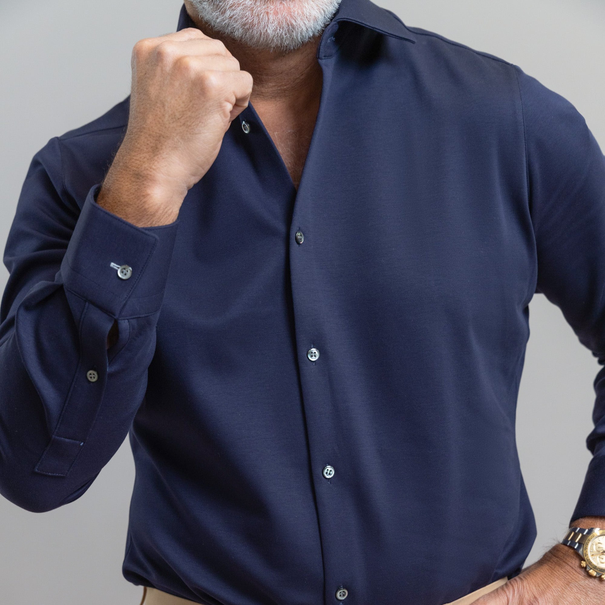 Tags:(Heavyweight|Wrinkle-Free|Stretch Cotton) Custom Bespoke Tailored Spread Shirt model Guillermo in Navy PureTech