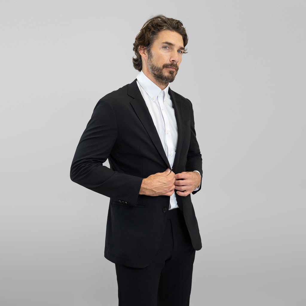 Bespoke custom athleisure technical athletic stretch suit los angeles model John in Black