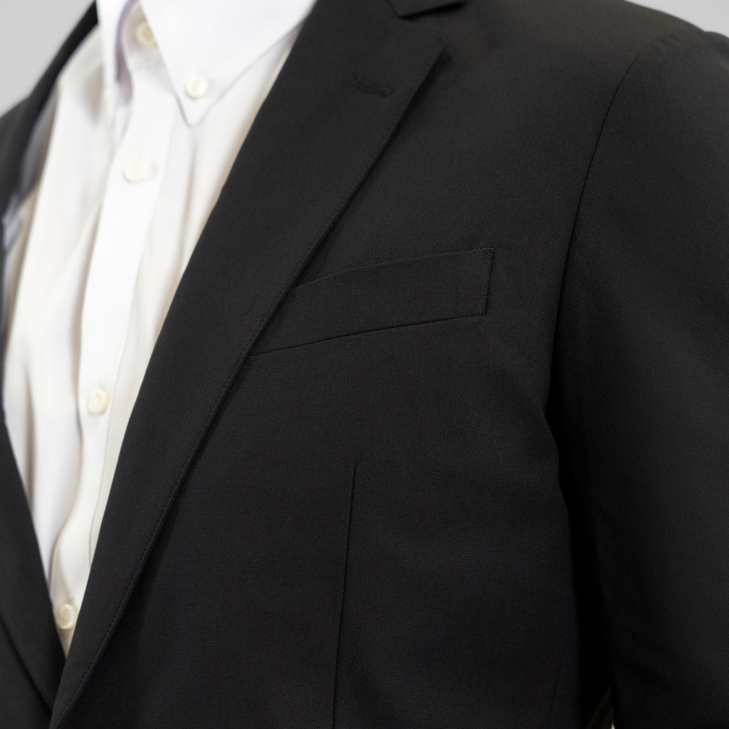 Bespoke custom athleisure technical athletic stretch suit los angeles model John in Black
