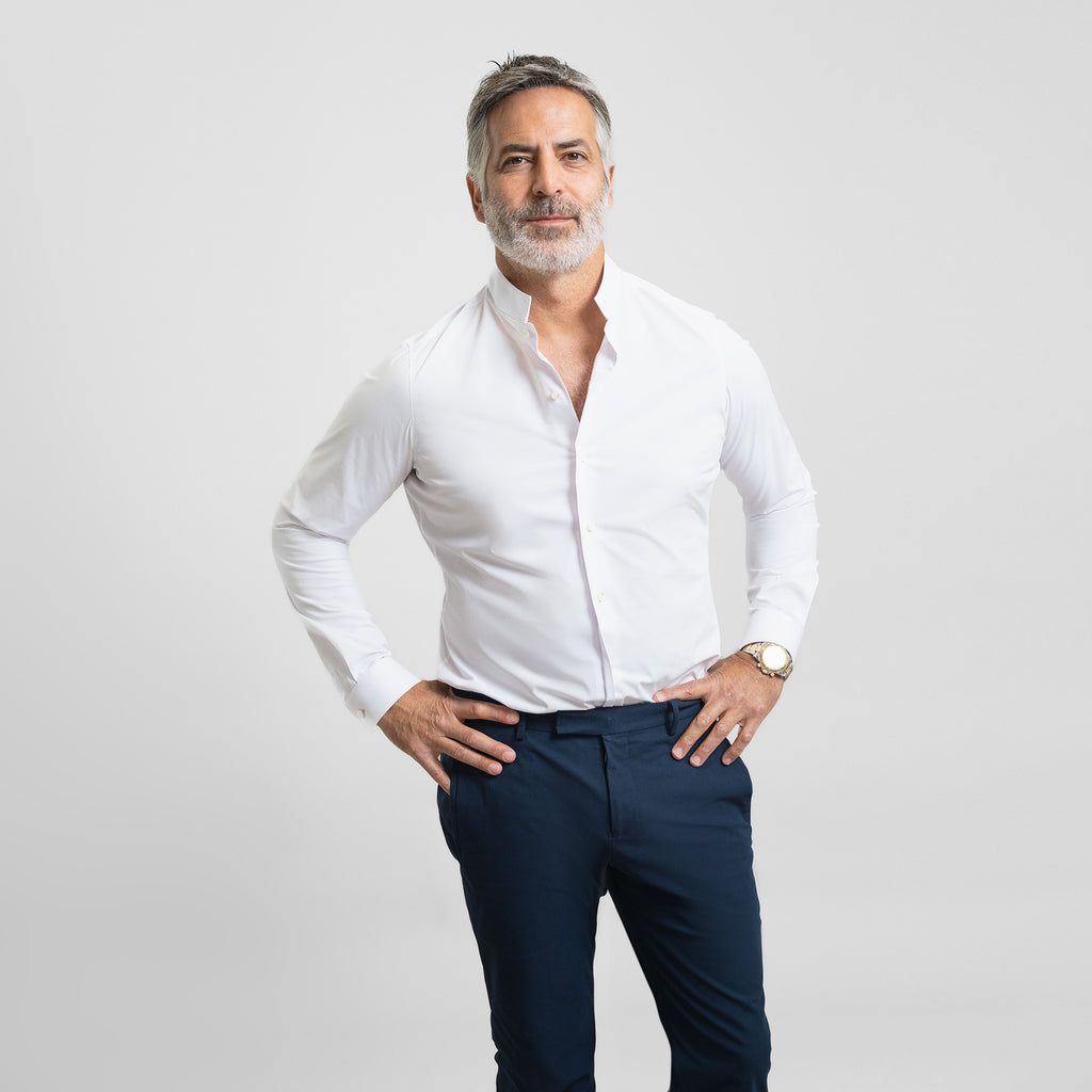Bespoke Custom Dorsey Shirt model Guillermo in White BreezeTech