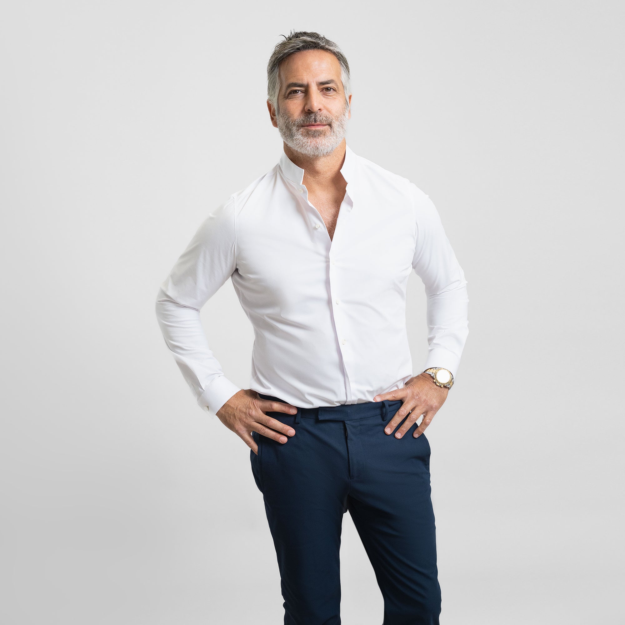 Bespoke Custom Dorsey Shirt model Guillermo in White BreezeTech