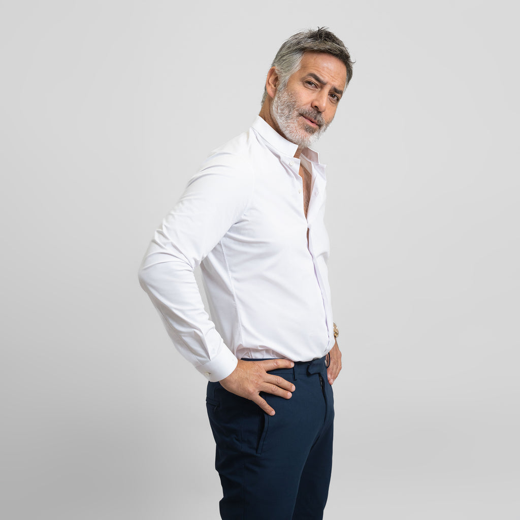 Bespoke Custom Dorsey Shirt model Guillermo in White BreezeTech