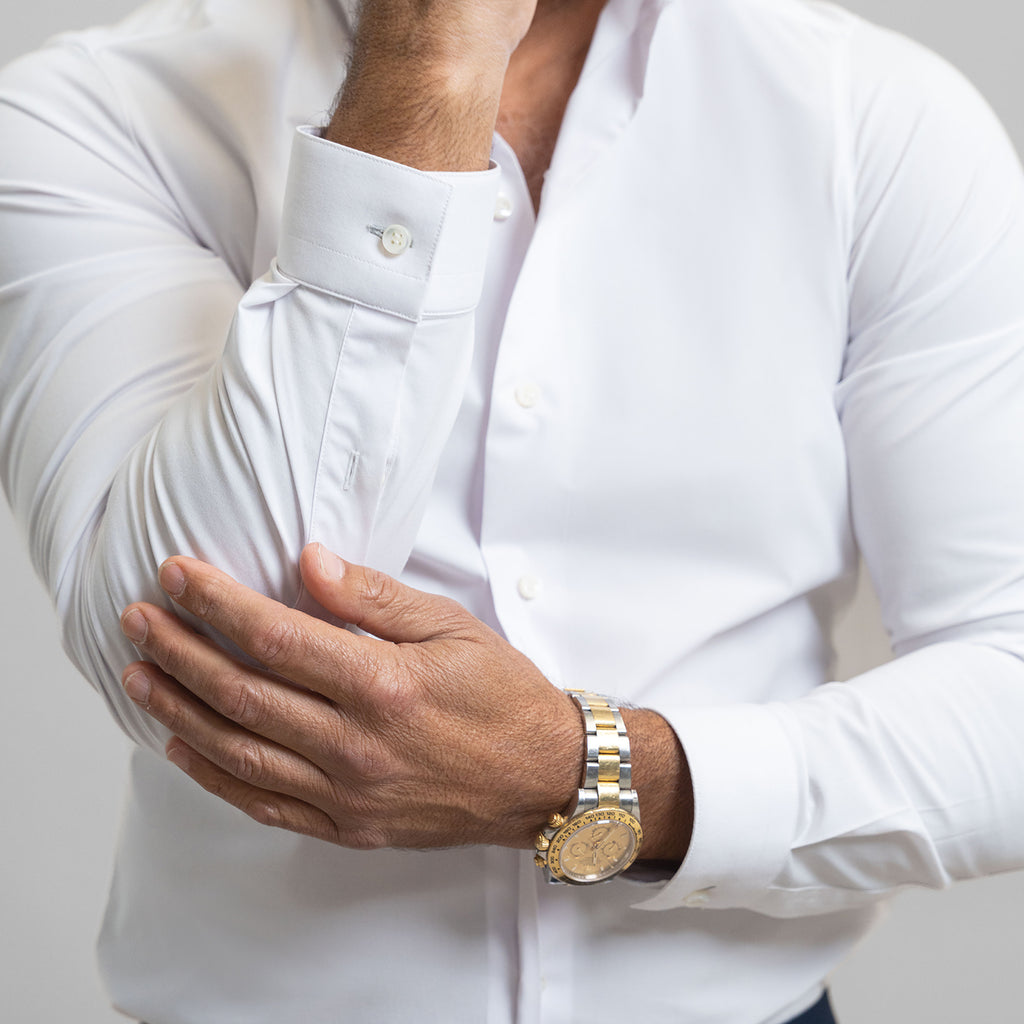 Bespoke Custom Dorsey Shirt model Guillermo in White BreezeTech