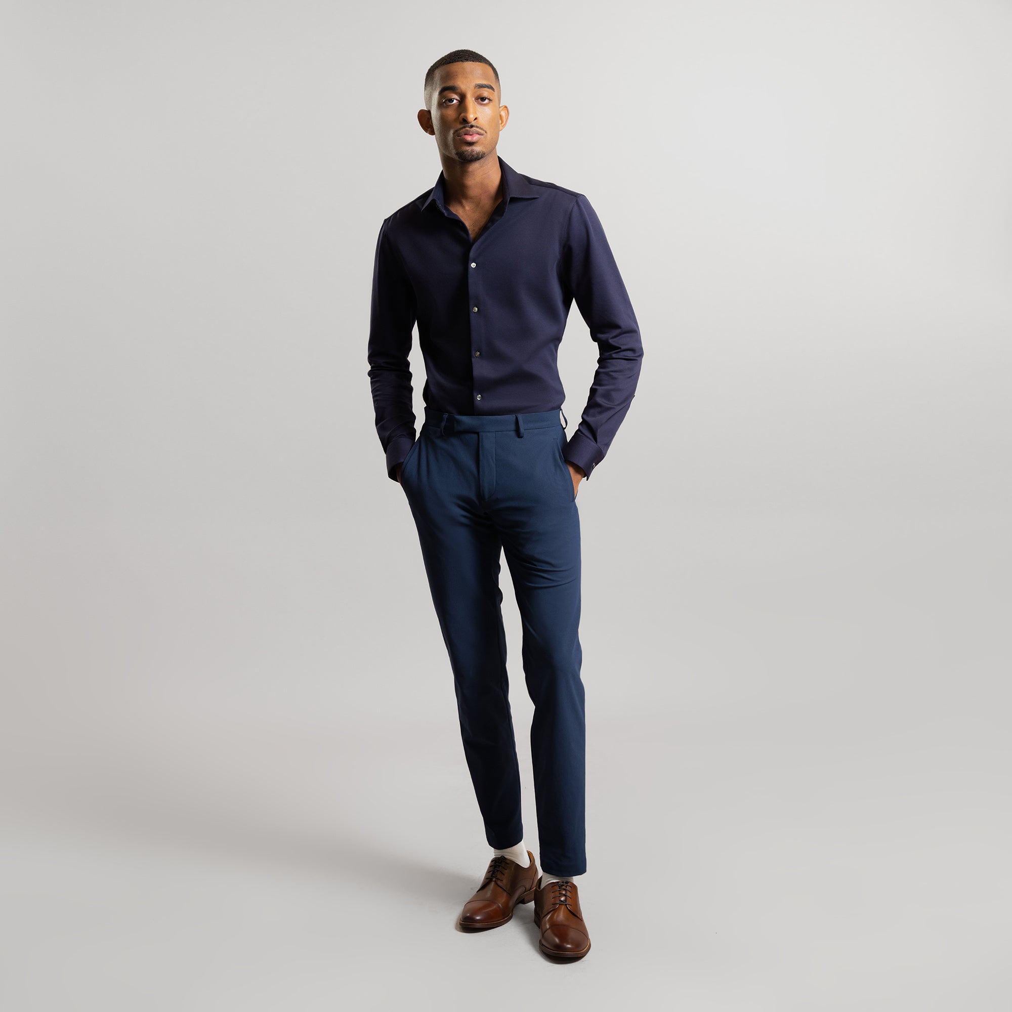 Custom Bespoke Tailored Spread Shirt model Ky in Navy PureTech