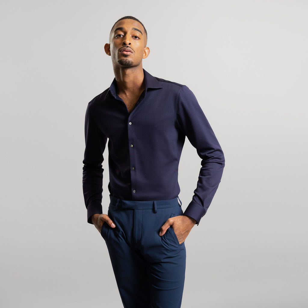 Custom Bespoke Tailored Spread Shirt model Ky in Navy PureTech