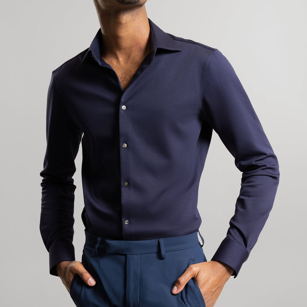 Custom Bespoke Tailored Spread Shirt model Ky in Navy PureTech