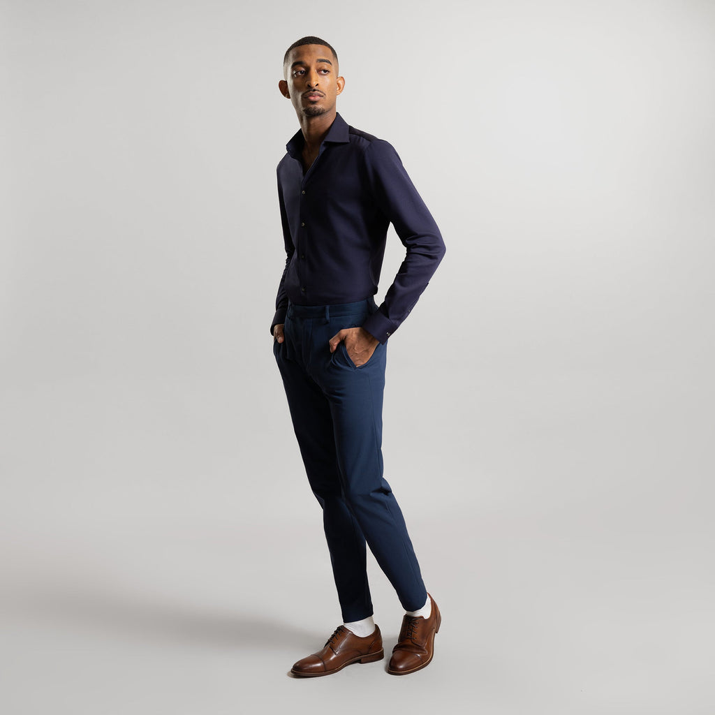 Custom Bespoke Tailored Spread Shirt model Ky in Navy PureTech