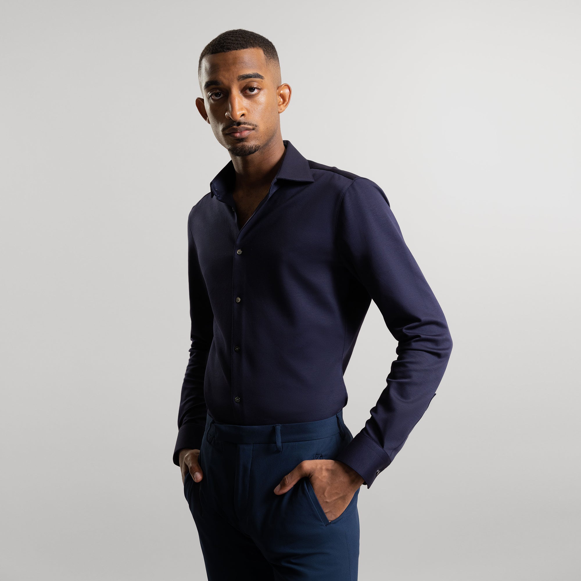 Custom Bespoke Tailored Spread Shirt model Ky in Navy PureTech